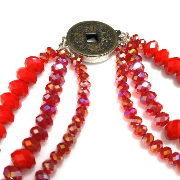 Red Aurora Borealis Beaded Necklace with Rhinestone Brooch Pendant 3 Strand - Picture 5 of 10